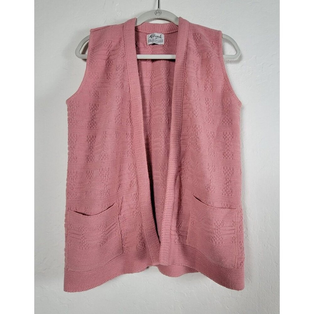 Vintage Milrank Vest Womens Pink Knit Cardigan Sweater Open Front Pockets USA